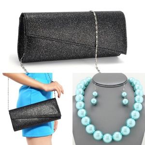 CLASSIC SHIMMERY BLACK PURSE HANDBAG BLUE NECKLACE